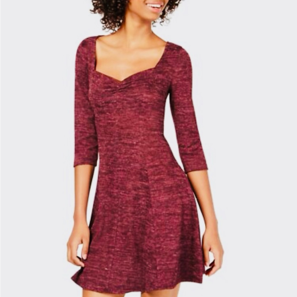 BEBOP Elegant Wine Heather 3/4 Sleeve Sweetheart Neck A-Line Women's Dress